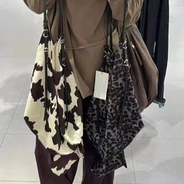 Qfdian Women High-capacity Grunge Leopard Shoulder Bags Y2k Vintage Casual Shopping Handbags All Match Harajuku Underarm Bag Streetwear